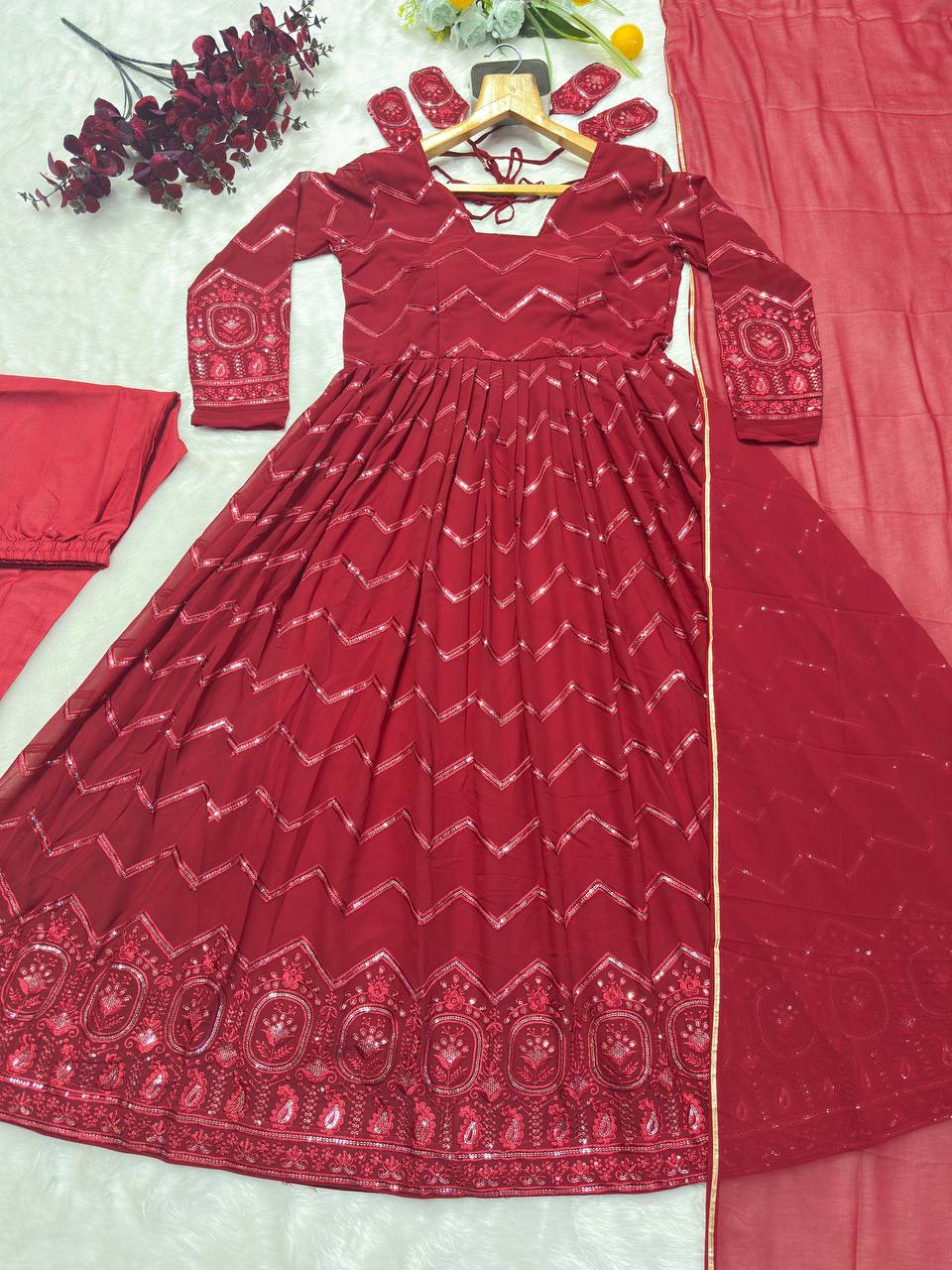 Zareen Maroon Faux Georgette Embroidered Anarkali Suit with Lace Border Dupatta