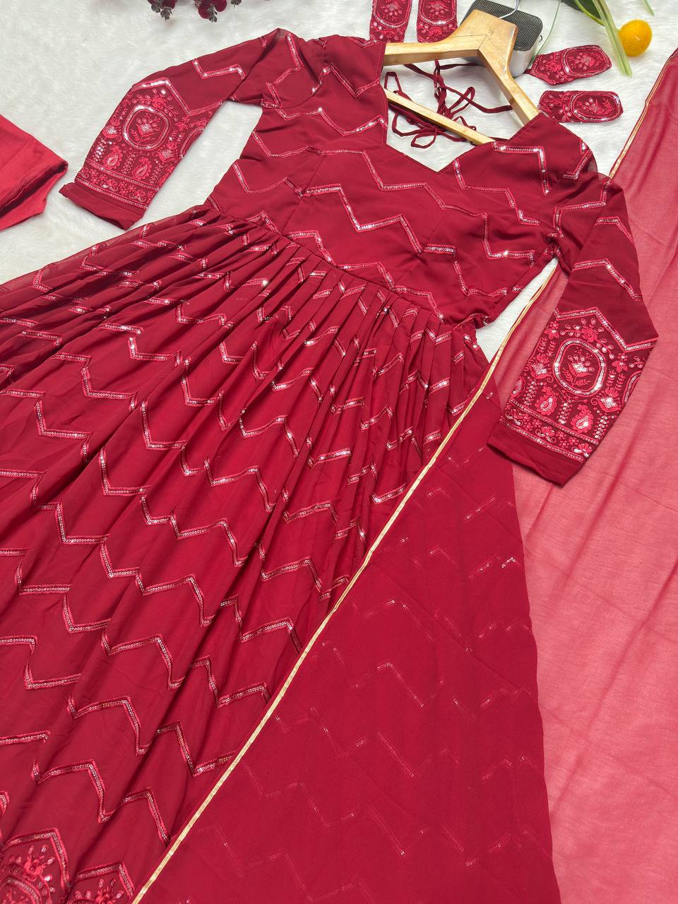 Zareen Maroon Faux Georgette Embroidered Anarkali Suit with Lace Border Dupatta