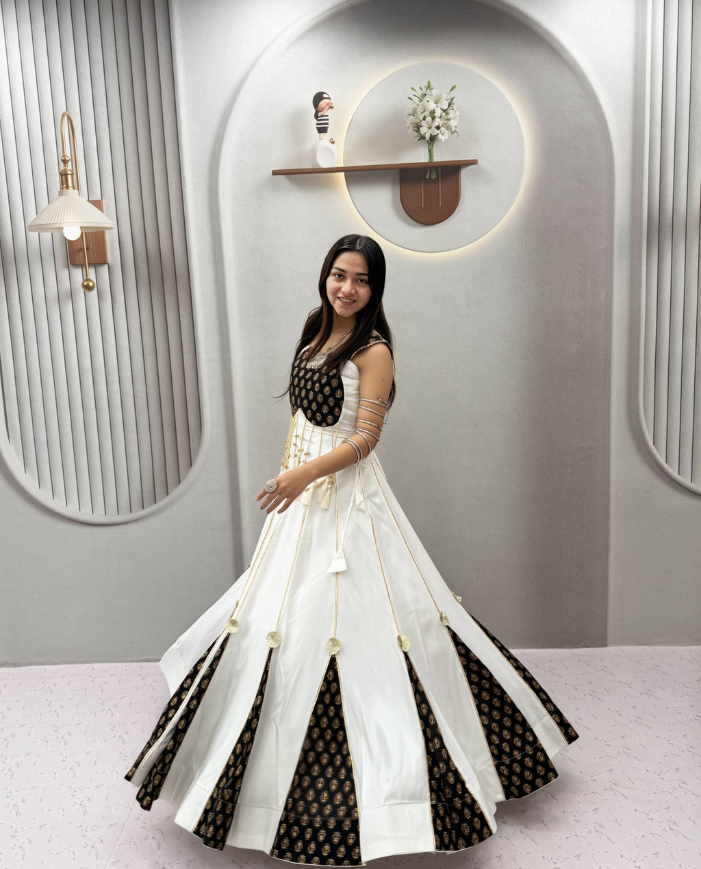 Elara Navratri Pure Cotton Ajrak Print Lehenga Choli with Heavy Hand Latkan, Ribbon Work & 6 Meter Flair