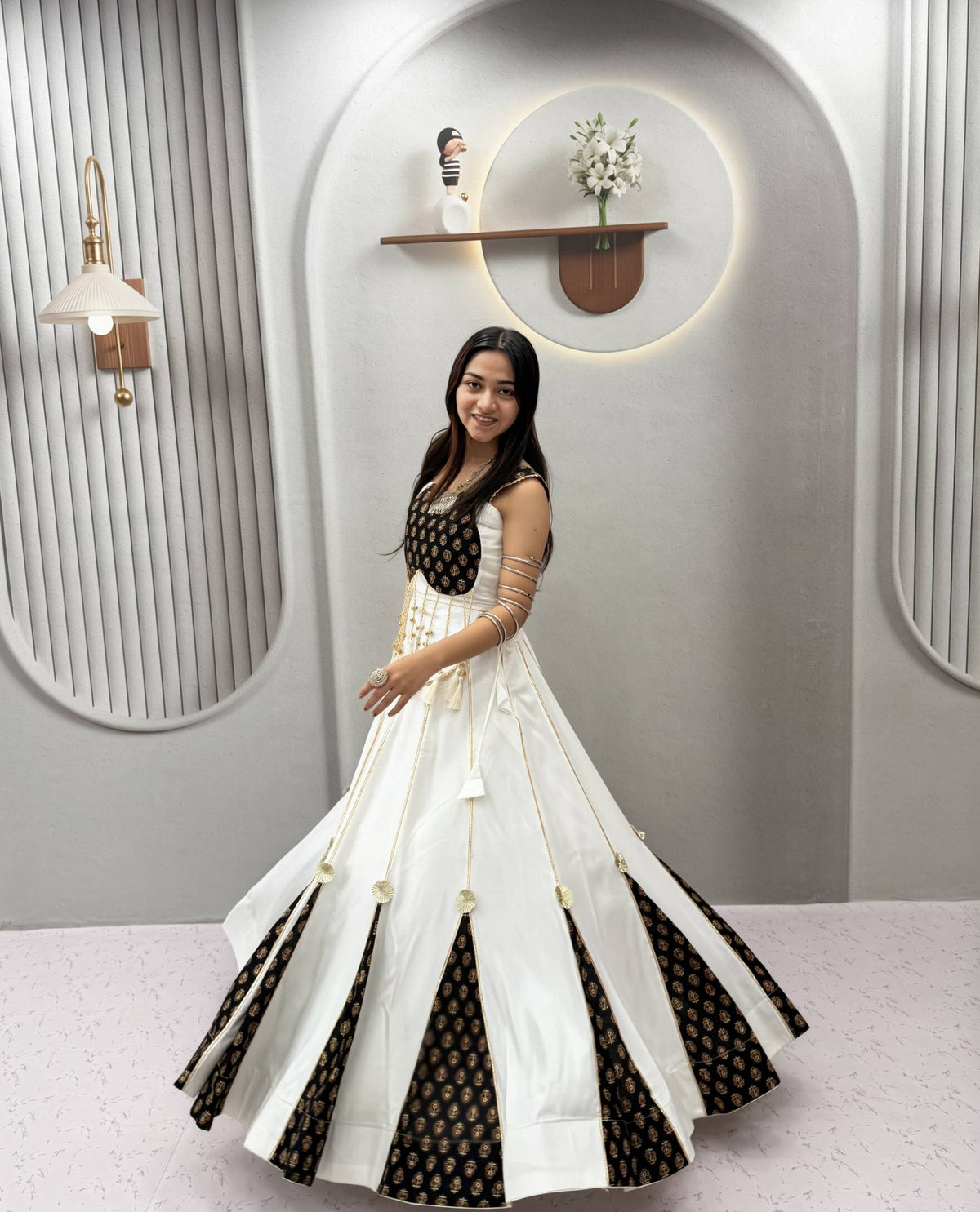 Elara Navratri Pure Cotton Ajrak Print Lehenga Choli with Heavy Hand Latkan, Ribbon Work & 6 Meter Flair