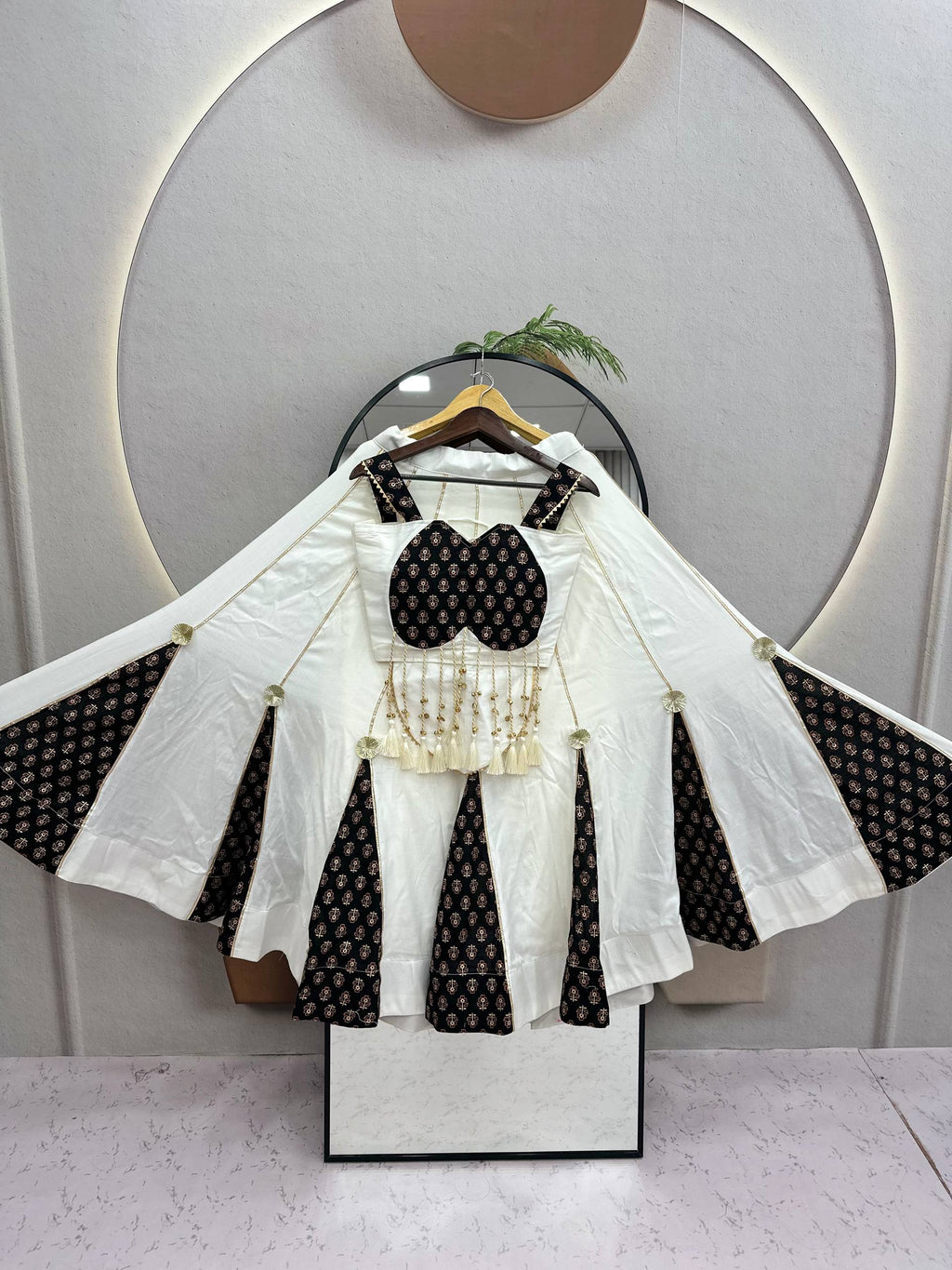 Elara Navratri Pure Cotton Ajrak Print Lehenga Choli with Heavy Hand Latkan, Ribbon Work & 6 Meter Flair