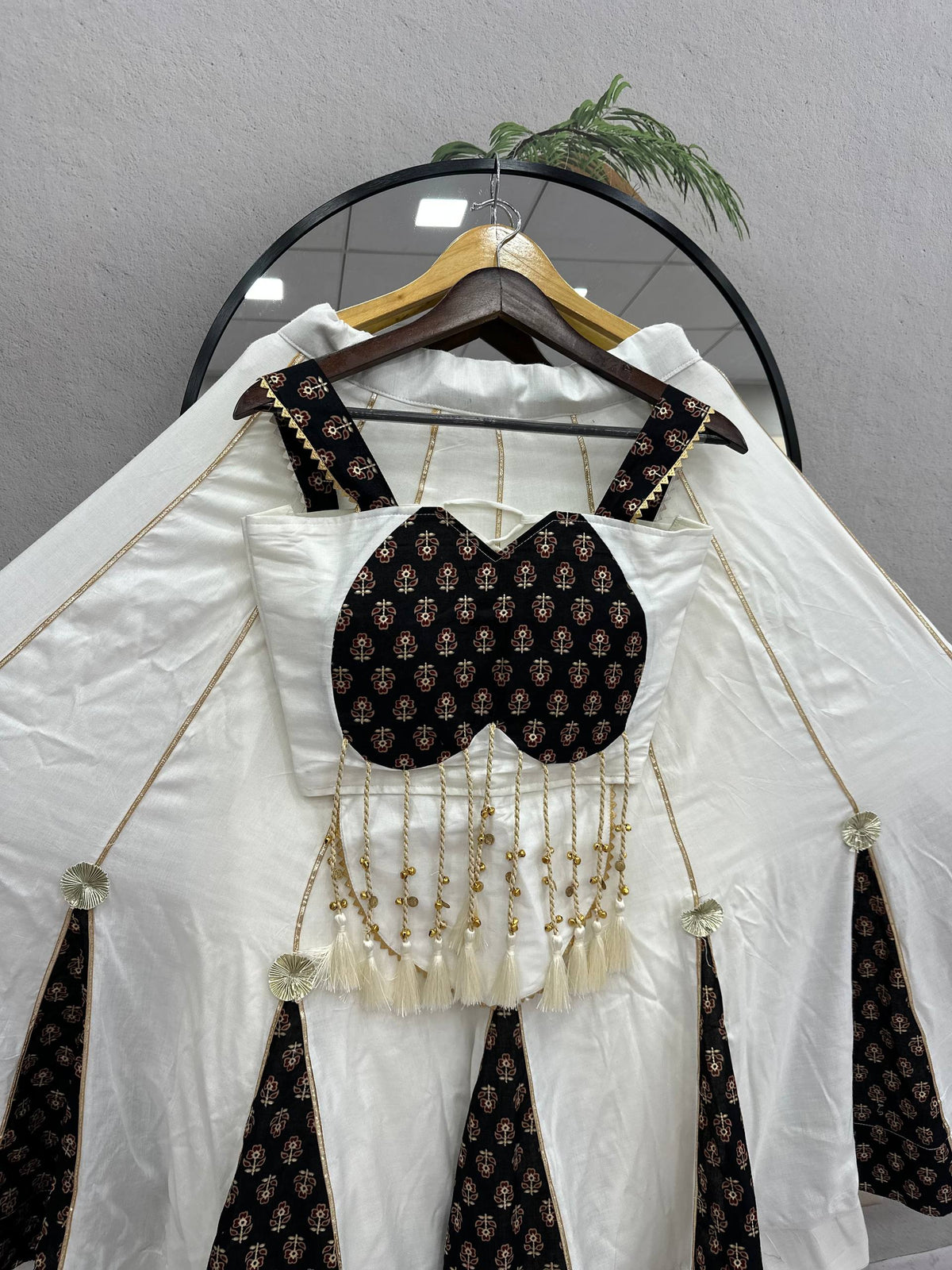 Elara Navratri Pure Cotton Ajrak Print Lehenga Choli with Heavy Hand Latkan, Ribbon Work & 6 Meter Flair