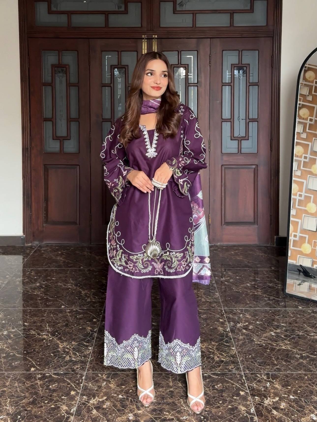 Eshanika French Crepe Thread Embroidered Kurti with Palazzo & Digital Print Malay Crepe Dupatta