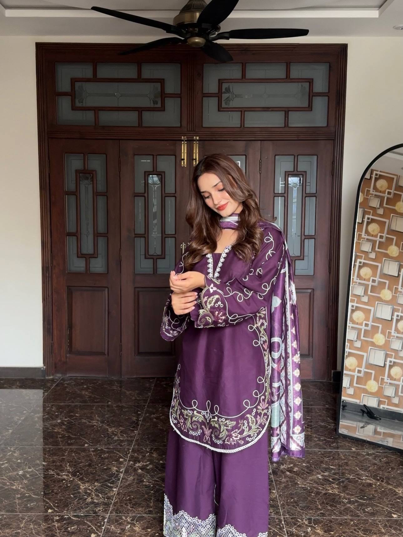 Eshanika French Crepe Thread Embroidered Kurti with Palazzo & Digital Print Malay Crepe Dupatta