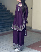 Eshanika French Crepe Thread Embroidered Kurti with Palazzo & Digital Print Malay Crepe Dupatta