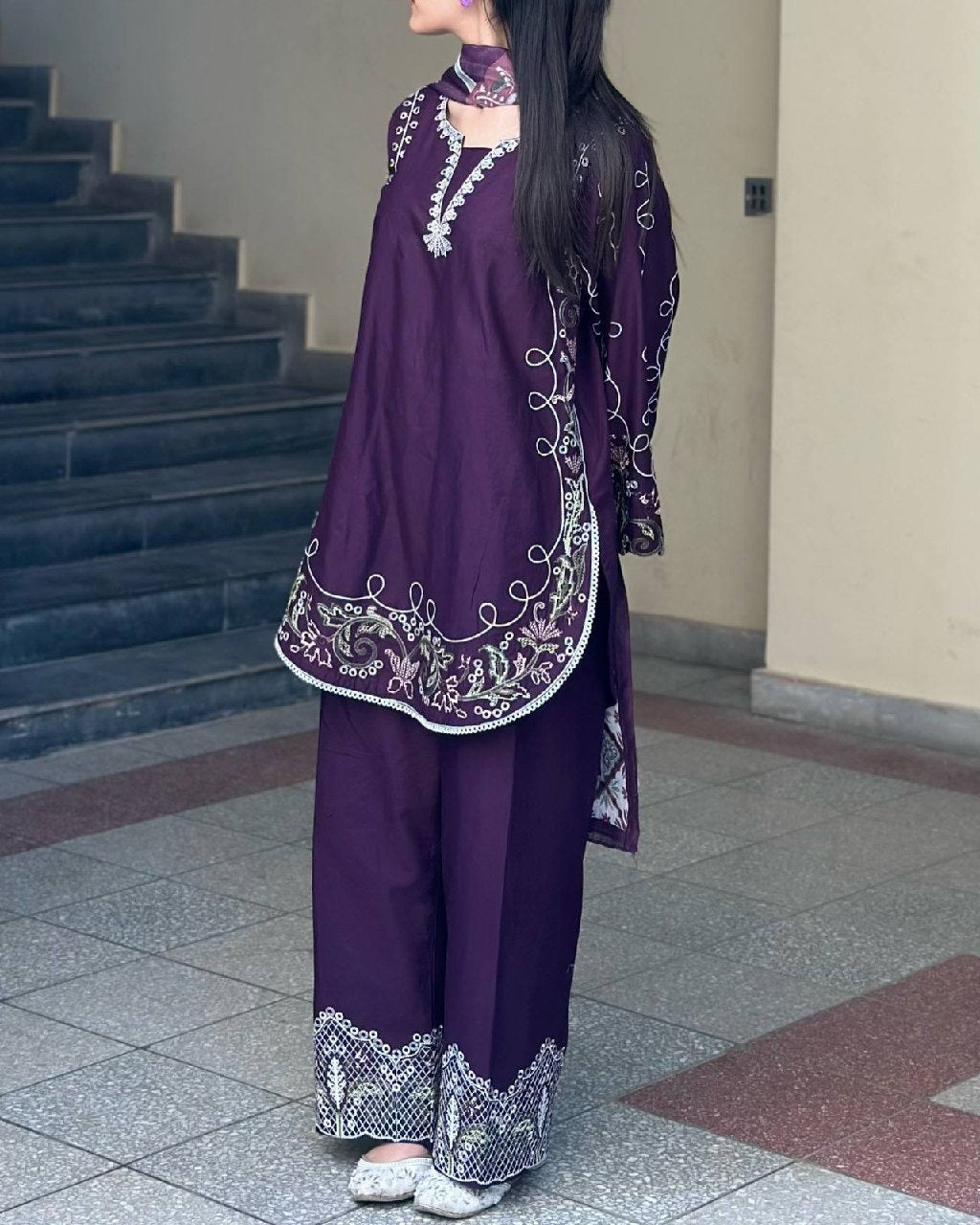 Eshanika French Crepe Thread Embroidered Kurti with Palazzo & Digital Print Malay Crepe Dupatta