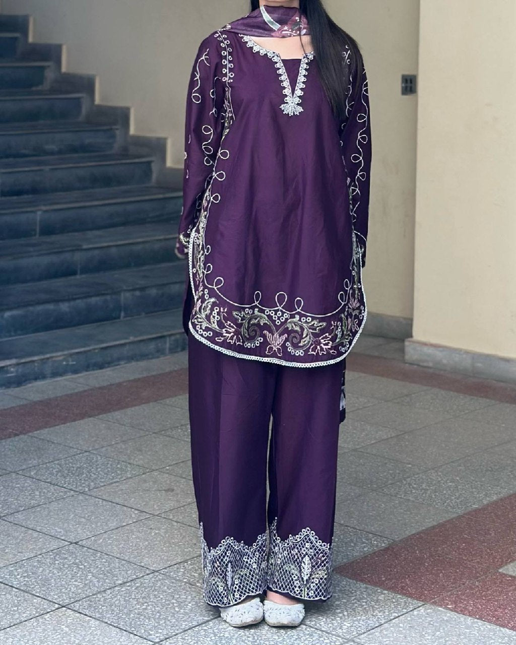 Eshanika French Crepe Thread Embroidered Kurti with Palazzo & Digital Print Malay Crepe Dupatta