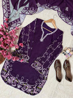 Eshanika French Crepe Thread Embroidered Kurti with Palazzo & Digital Print Malay Crepe Dupatta