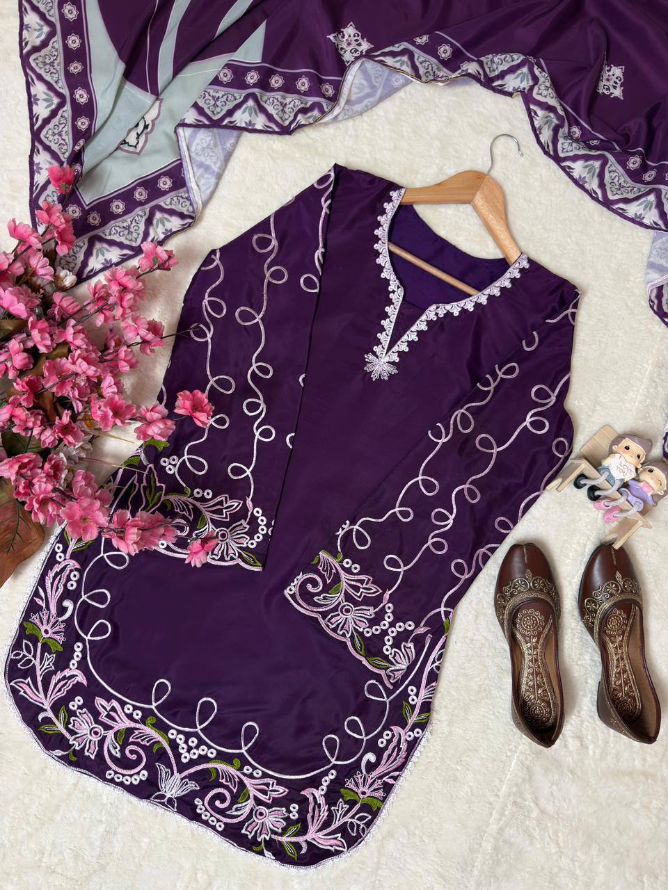 Eshanika French Crepe Thread Embroidered Kurti with Palazzo & Digital Print Malay Crepe Dupatta