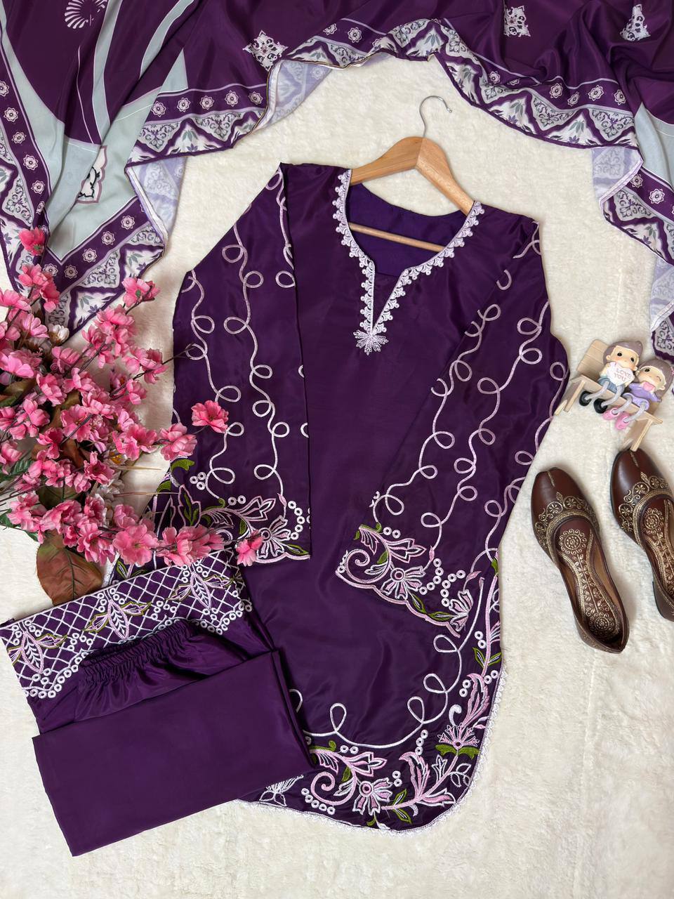 Eshanika French Crepe Thread Embroidered Kurti with Palazzo & Digital Print Malay Crepe Dupatta