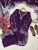 Eshanika French Crepe Thread Embroidered Kurti with Palazzo & Digital Print Malay Crepe Dupatta
