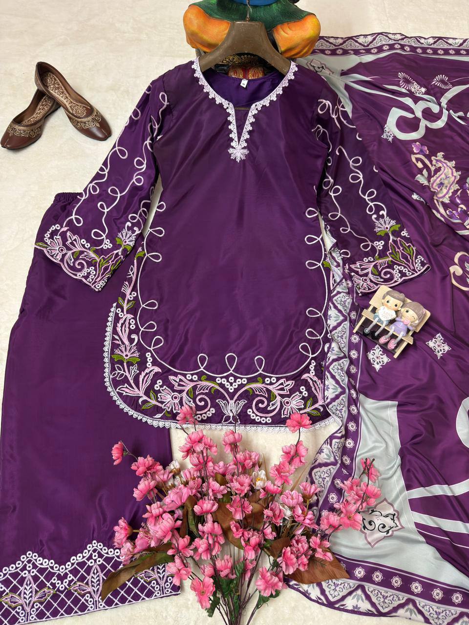 Eshanika French Crepe Thread Embroidered Kurti with Palazzo & Digital Print Malay Crepe Dupatta
