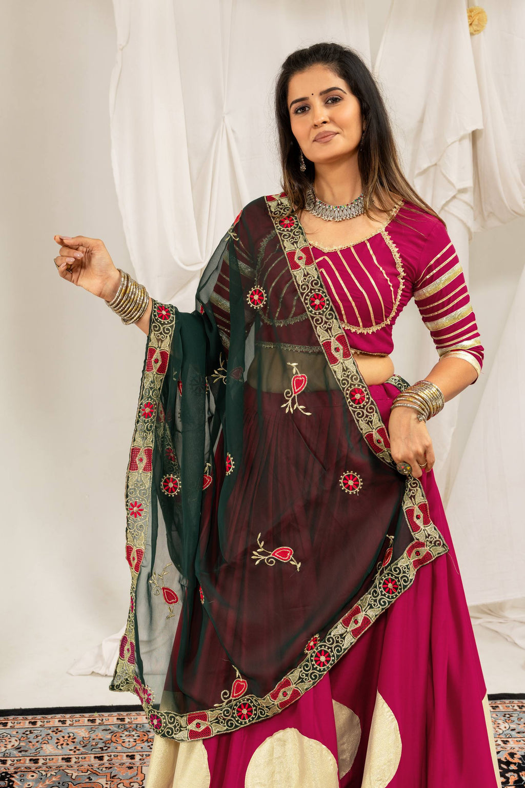 Designer Cotton Printed Lehenga Choli with Real Mirror Lace & Kutchi Gamthi Kodi Work