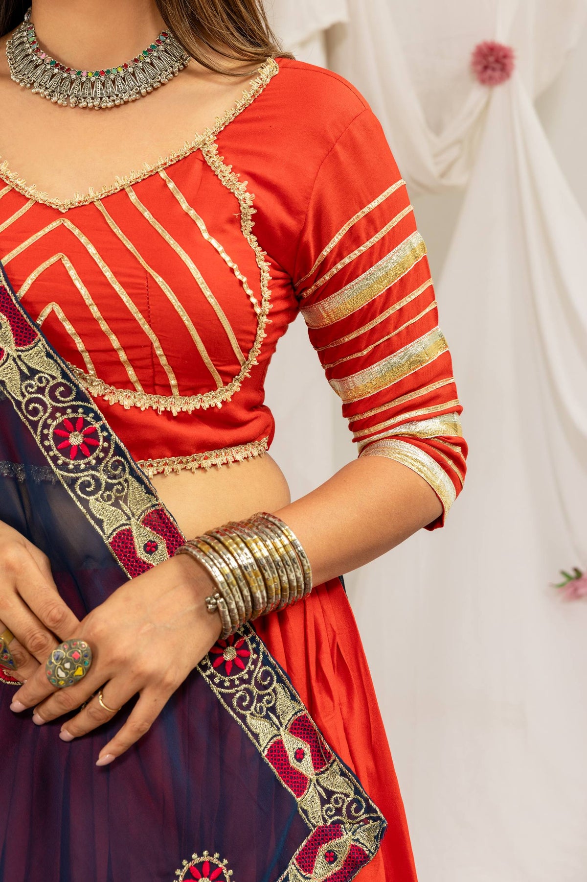 Designer Cotton Printed Lehenga Choli with Real Mirror Lace & Kutchi Gamthi Kodi Work
