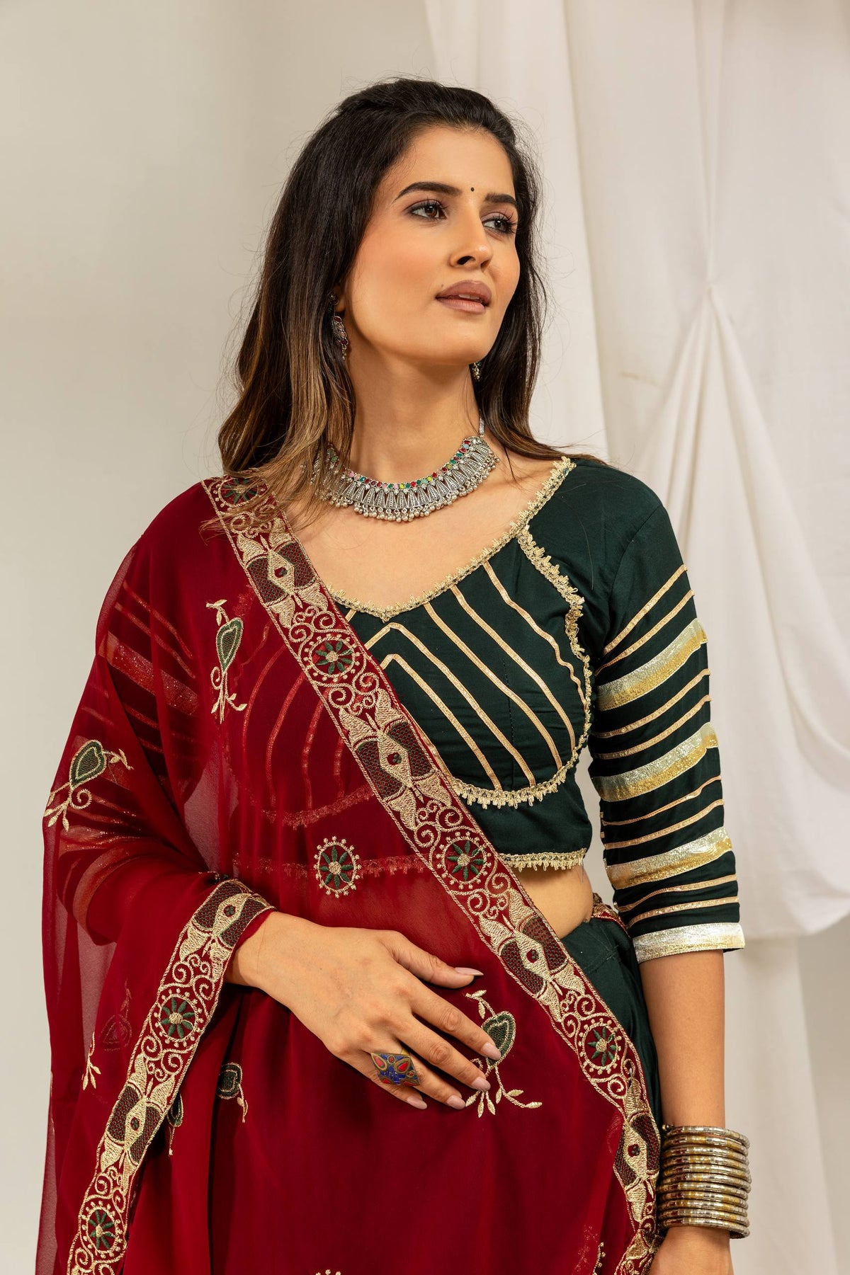 Designer Cotton Printed Lehenga Choli with Real Mirror Lace & Kutchi Gamthi Kodi Work