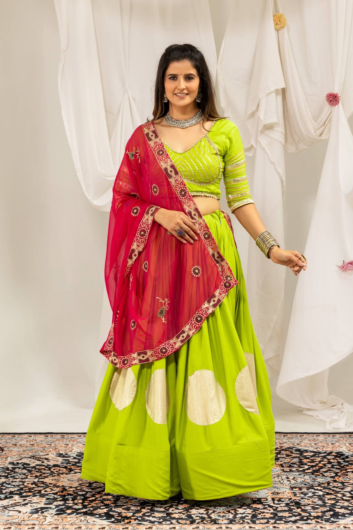 Designer Cotton Printed Lehenga Choli with Real Mirror Lace & Kutchi Gamthi Kodi Work