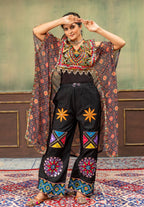 Rangvaira Designer Faux Georgette Embroidered Kaftan with Real Mirror Work Pure Cotton Denim Jeans Navratri 2026 2-Piece Set