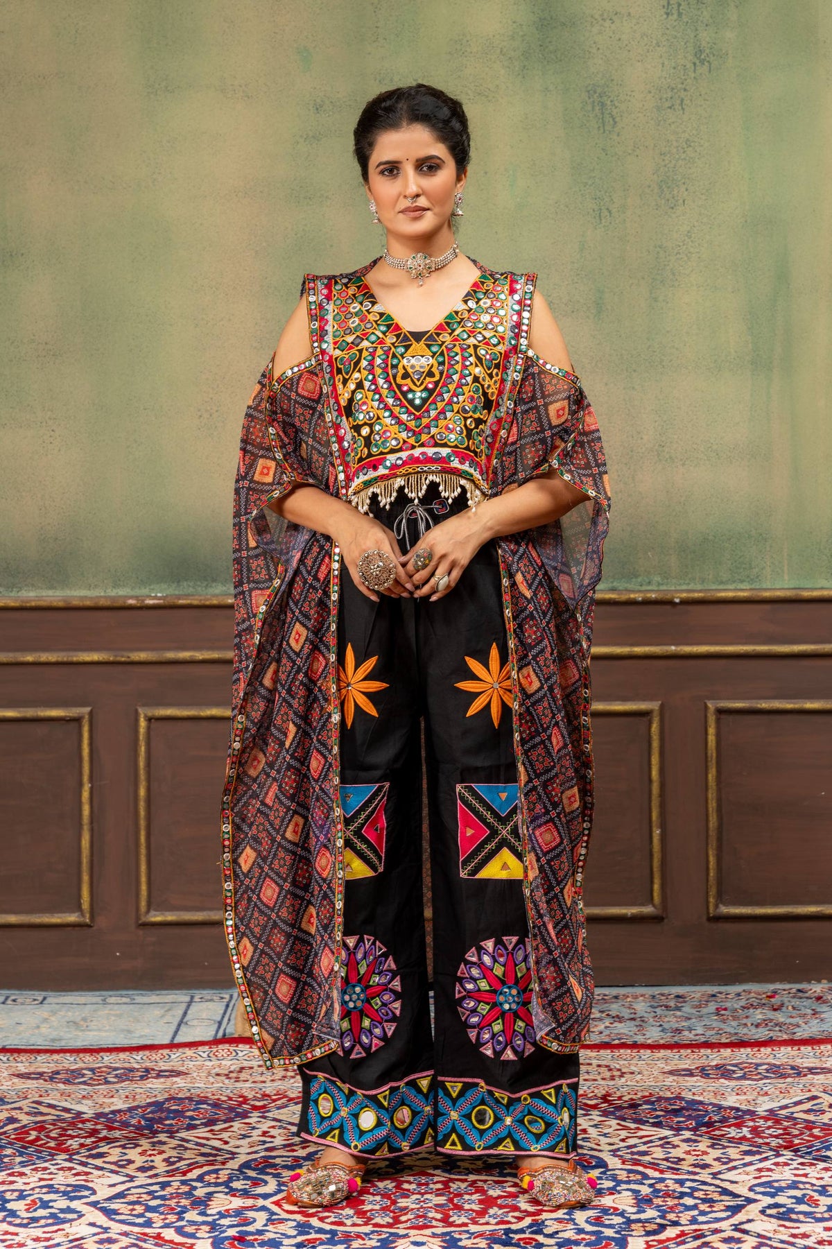 Rangvaira Designer Faux Georgette Embroidered Kaftan with Real Mirror Work Pure Cotton Denim Jeans Navratri 2026 2-Piece Set