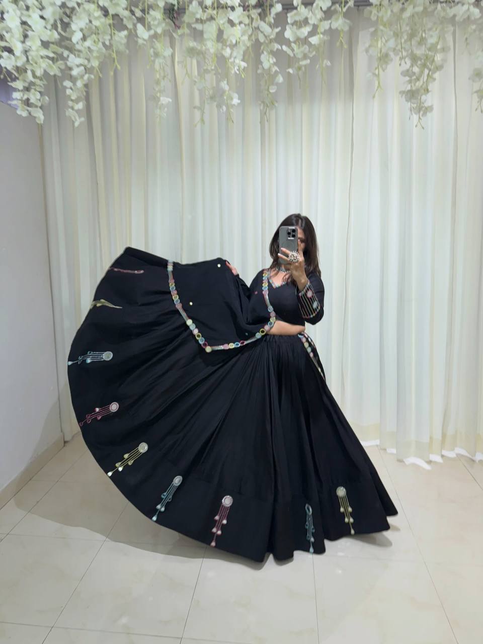 Rangvisha Designer Rayon Embroidered Real Mirror Work Lehenga Choli with 6 Metre Flair and Matching Mirror Work Dupatta 3-Piece Navratri Set