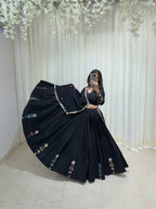 Rangvisha Designer Rayon Embroidered Real Mirror Work Lehenga Choli with 6 Metre Flair and Matching Mirror Work Dupatta 3-Piece Navratri Set