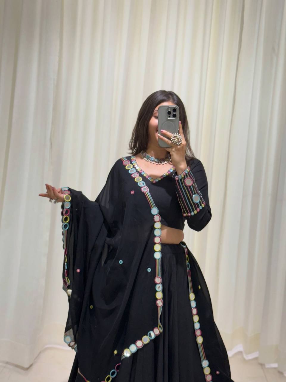 Rangvisha Designer Rayon Embroidered Real Mirror Work Lehenga Choli with 6 Metre Flair and Matching Mirror Work Dupatta 3-Piece Navratri Set