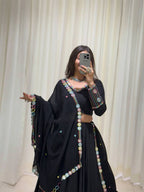 Rangvisha Designer Rayon Embroidered Real Mirror Work Lehenga Choli with 6 Metre Flair and Matching Mirror Work Dupatta 3-Piece Navratri Set