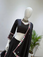 Rangvisha Designer Rayon Embroidered Real Mirror Work Lehenga Choli with 6 Metre Flair and Matching Mirror Work Dupatta 3-Piece Navratri Set
