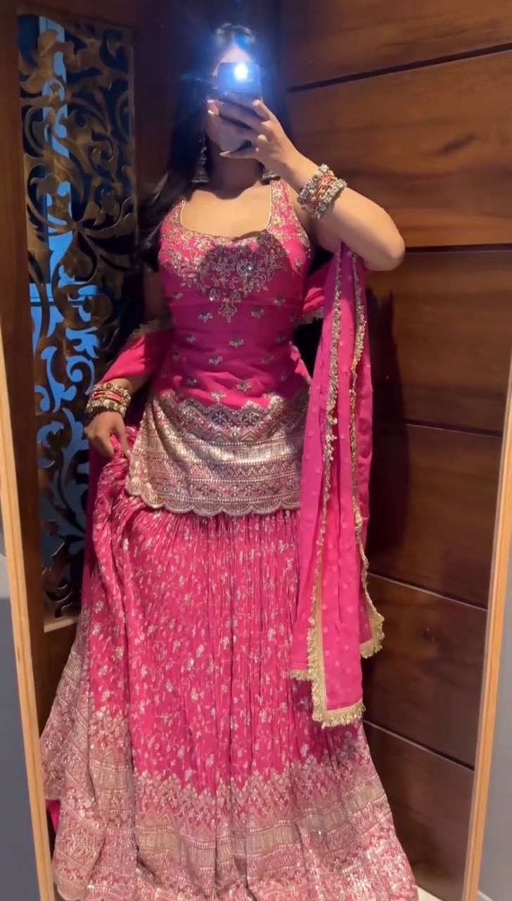 Zarisha Heavy Chinon Silk Sequins Embroidered Lehenga Choli with Lace Border Dupatta