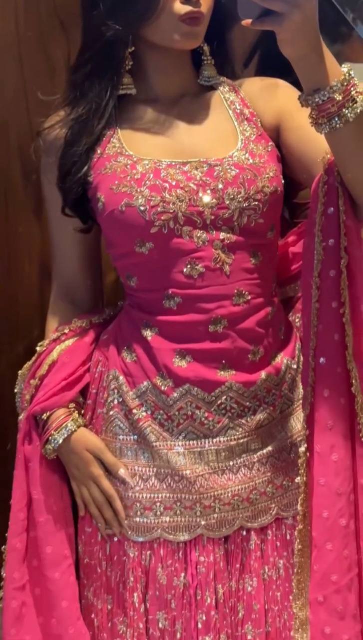 Zarisha Heavy Chinon Silk Sequins Embroidered Lehenga Choli with Lace Border Dupatta