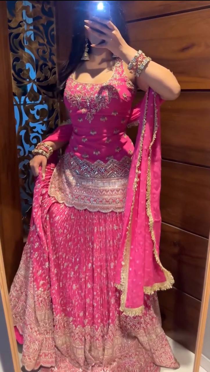 Zarisha Heavy Chinon Silk Sequins Embroidered Lehenga Choli with Lace Border Dupatta