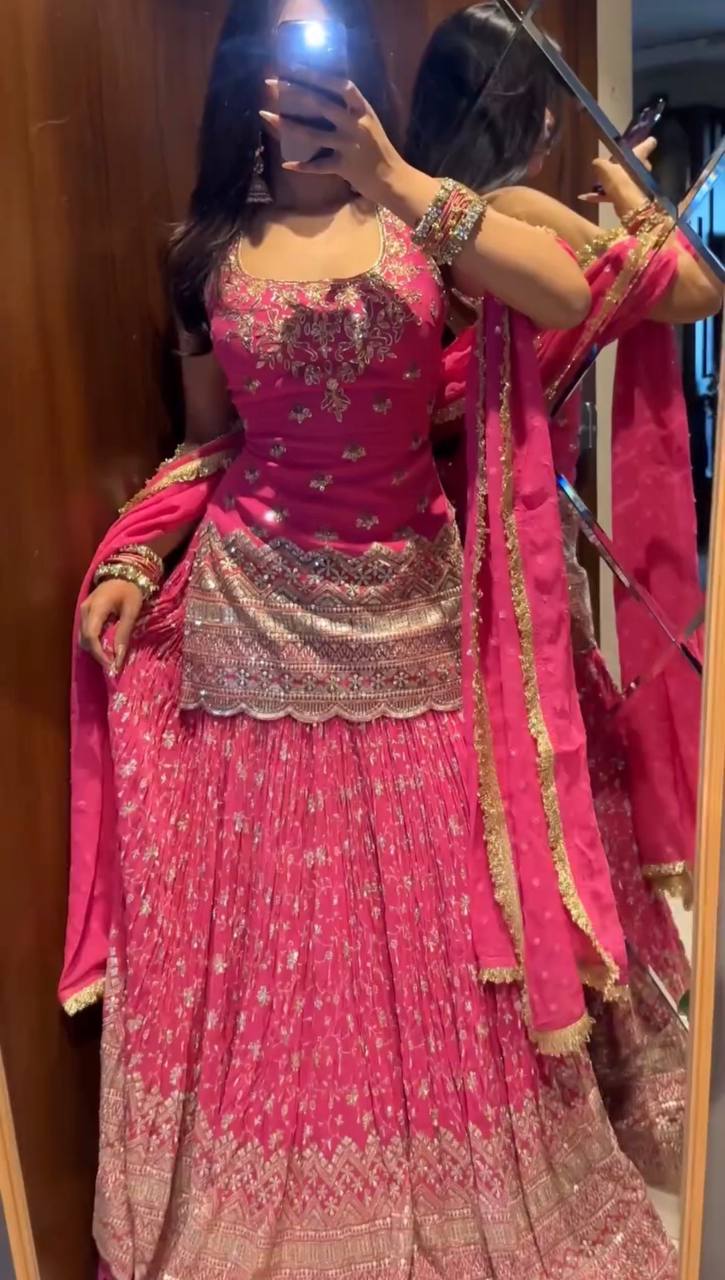Zarisha Heavy Chinon Silk Sequins Embroidered Lehenga Choli with Lace Border Dupatta