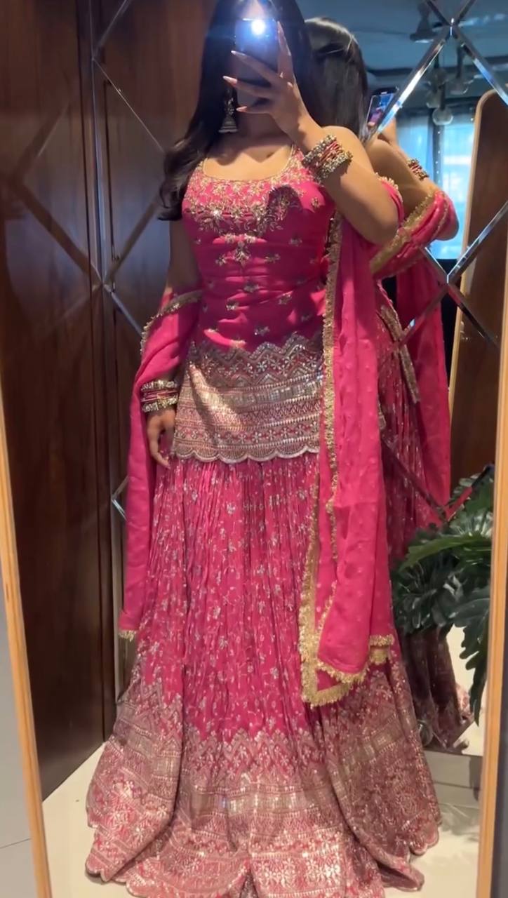 Zarisha Heavy Chinon Silk Sequins Embroidered Lehenga Choli with Lace Border Dupatta