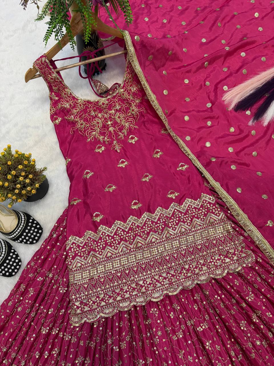 Zarisha Heavy Chinon Silk Sequins Embroidered Lehenga Choli with Lace Border Dupatta