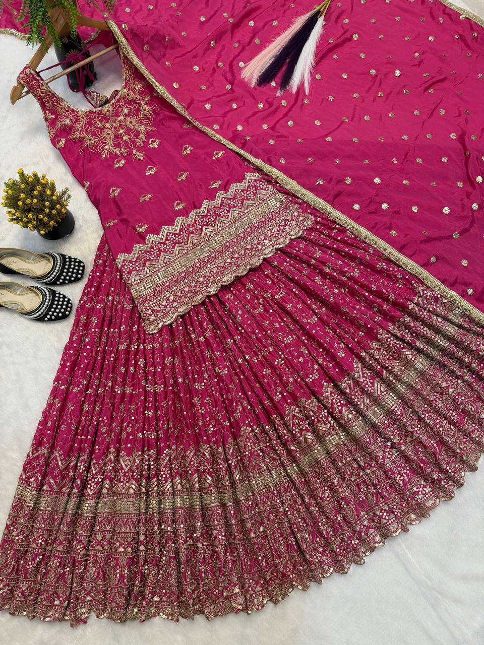 Zarisha Heavy Chinon Silk Sequins Embroidered Lehenga Choli with Lace Border Dupatta