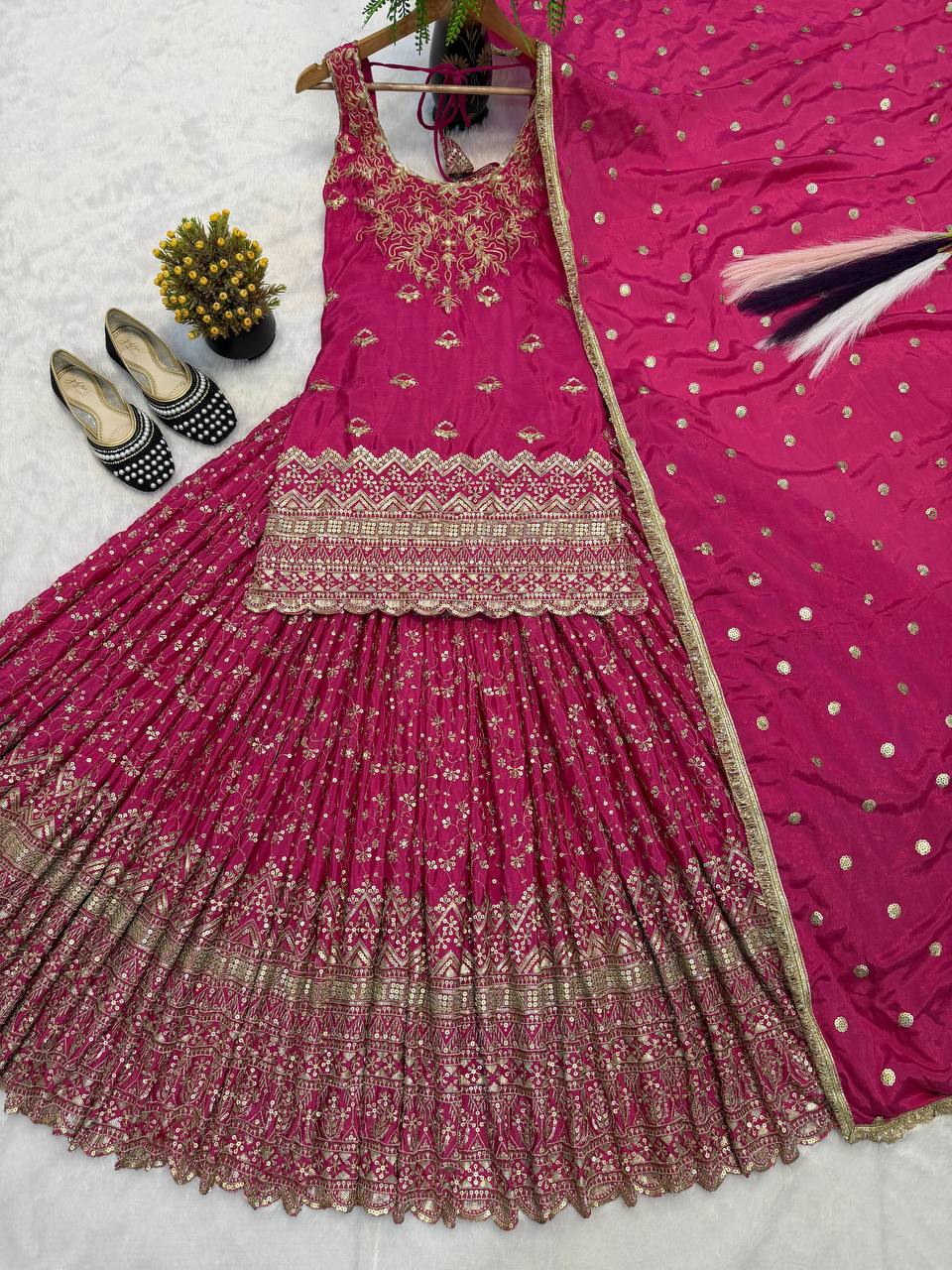 Zarisha Heavy Chinon Silk Sequins Embroidered Lehenga Choli with Lace Border Dupatta