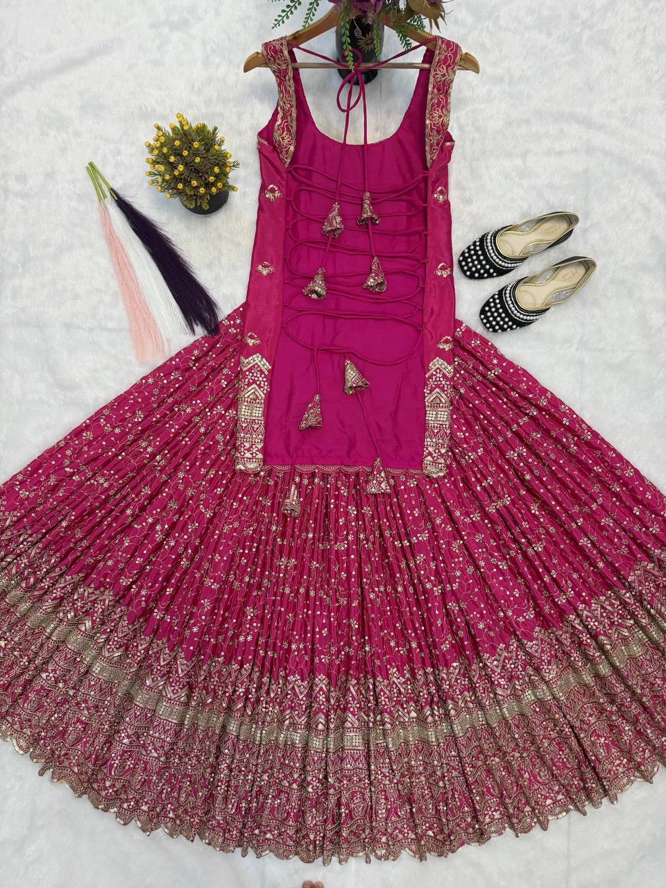 Zarisha Heavy Chinon Silk Sequins Embroidered Lehenga Choli with Lace Border Dupatta