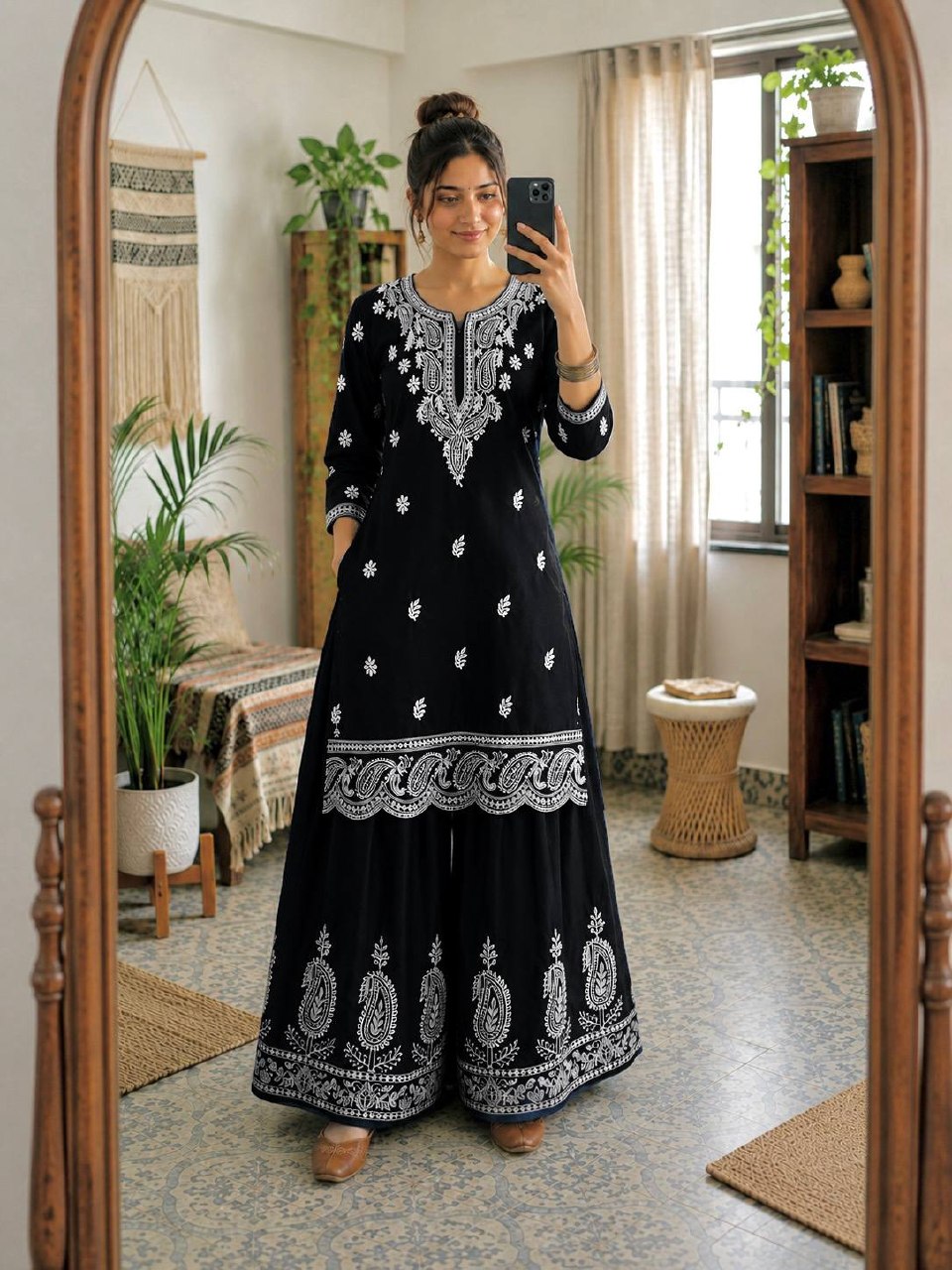 Aarshita Premium French Crepe Silk Heavy Thread Embroidered Kurti with Palazzo Set