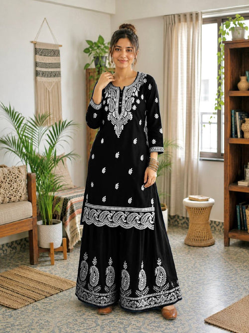 Aarshita Premium French Crepe Silk Heavy Thread Embroidered Kurti with Palazzo Set