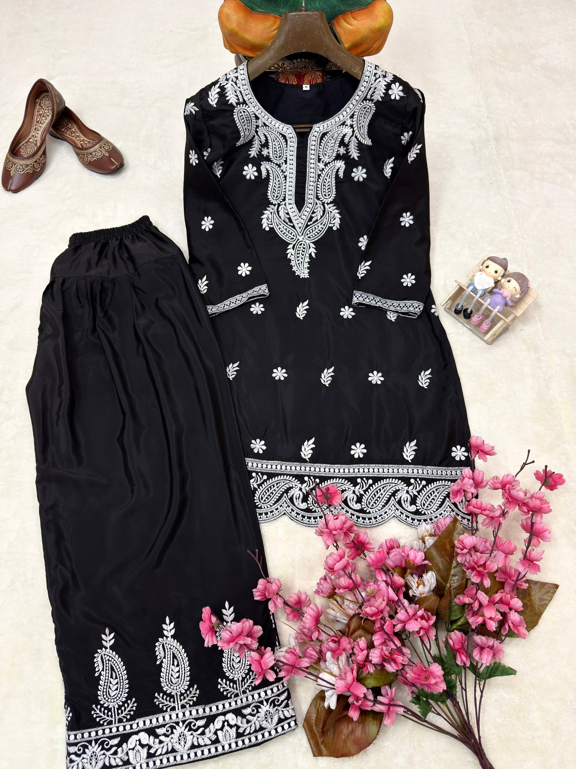 Aarshita Premium French Crepe Silk Heavy Thread Embroidered Kurti with Palazzo Set