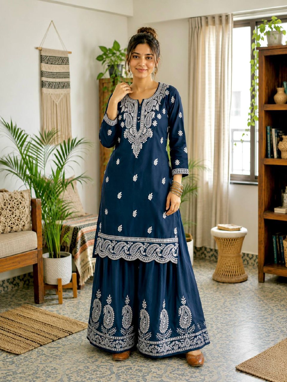 Aarshita Premium French Crepe Silk Heavy Thread Embroidered Kurti with Palazzo Set
