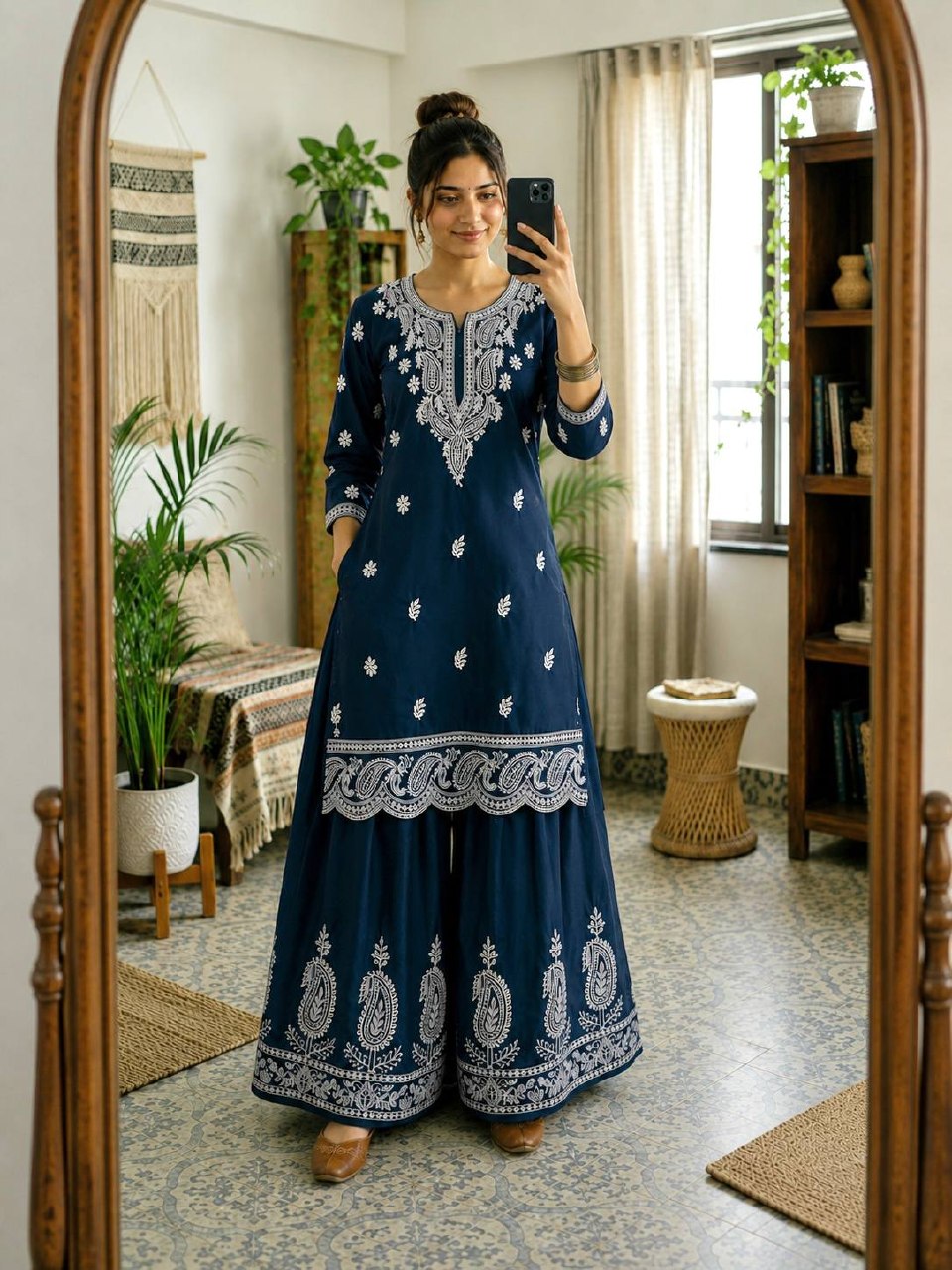 Aarshita Premium French Crepe Silk Heavy Thread Embroidered Kurti with Palazzo Set