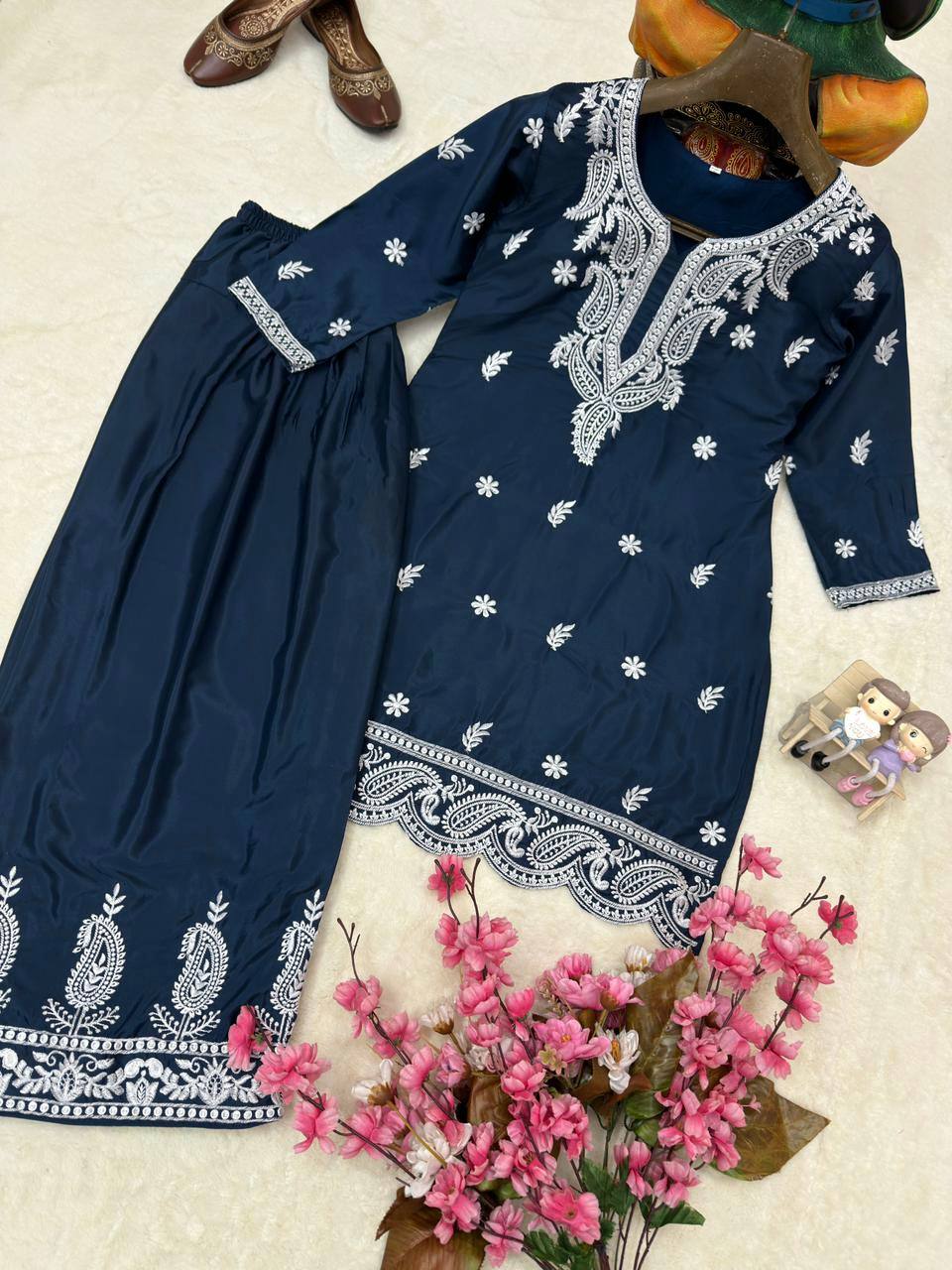 Aarshita Premium French Crepe Silk Heavy Thread Embroidered Kurti with Palazzo Set