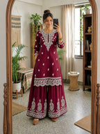 Aarshita Premium French Crepe Silk Heavy Thread Embroidered Kurti with Palazzo Set
