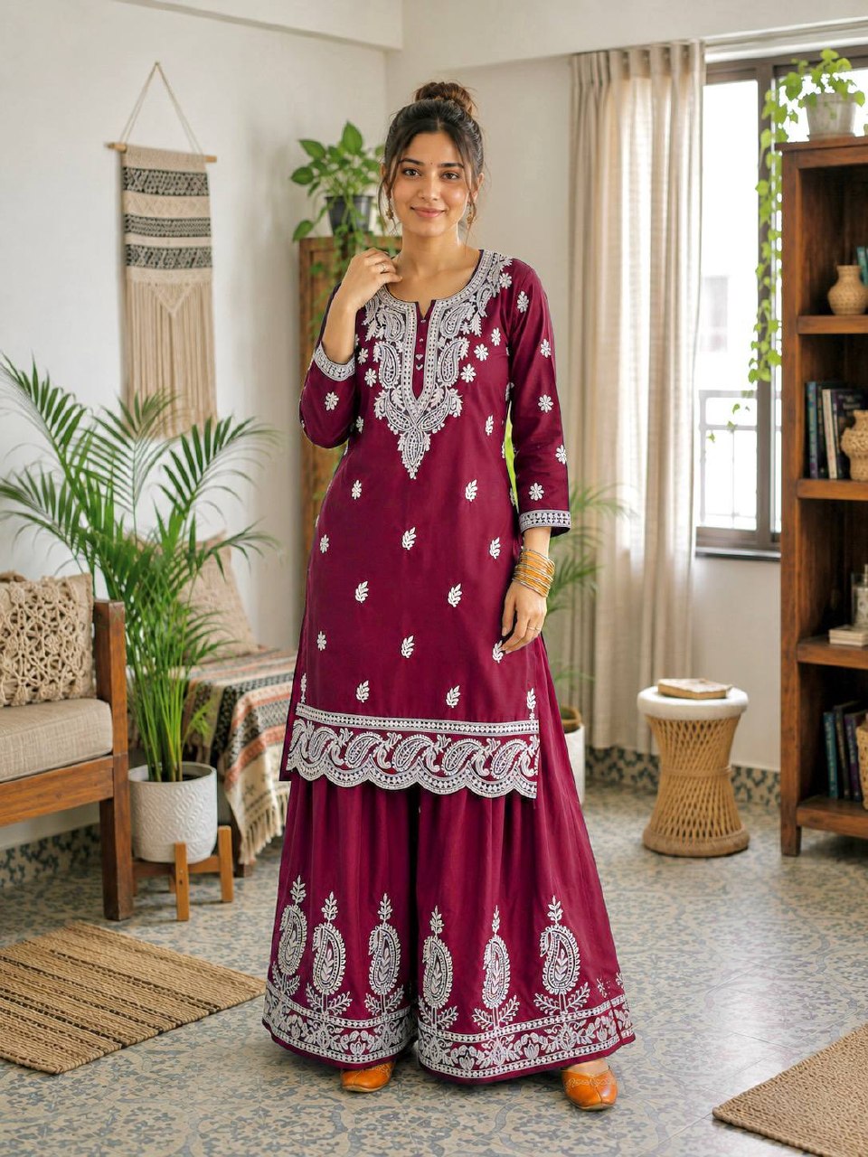 Aarshita Premium French Crepe Silk Heavy Thread Embroidered Kurti with Palazzo Set