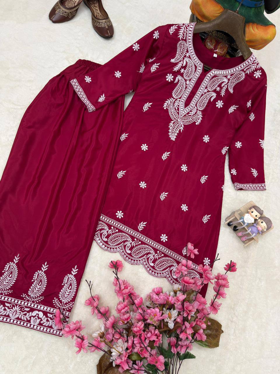 Aarshita Premium French Crepe Silk Heavy Thread Embroidered Kurti with Palazzo Set