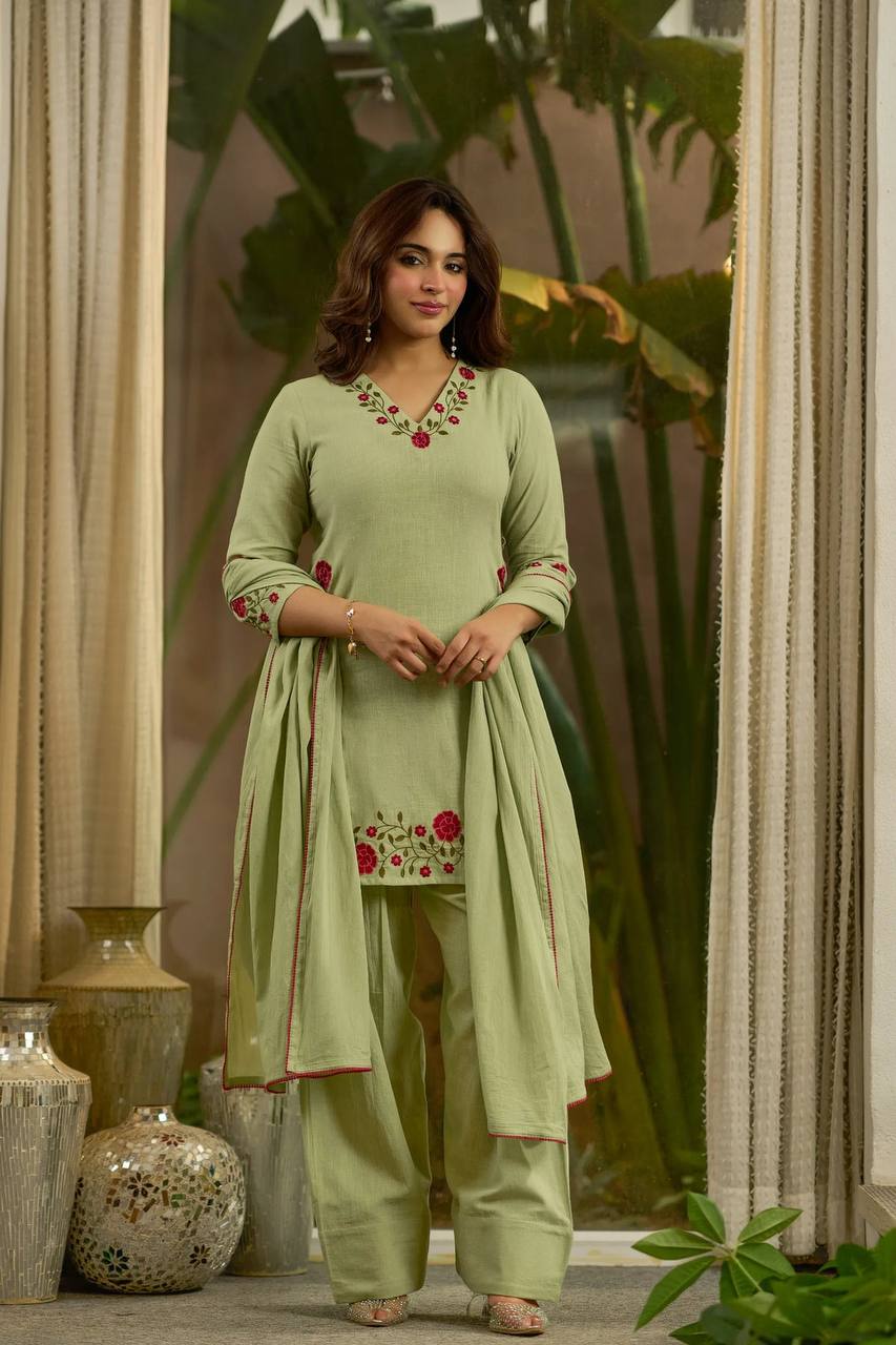 Meher Designer Mal Chanderi Cotton Multi Needle Embroidered Top With Farshi Salwar & Dupatta