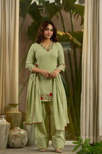 Meher Designer Mal Chanderi Cotton Multi Needle Embroidered Top With Farshi Salwar & Dupatta