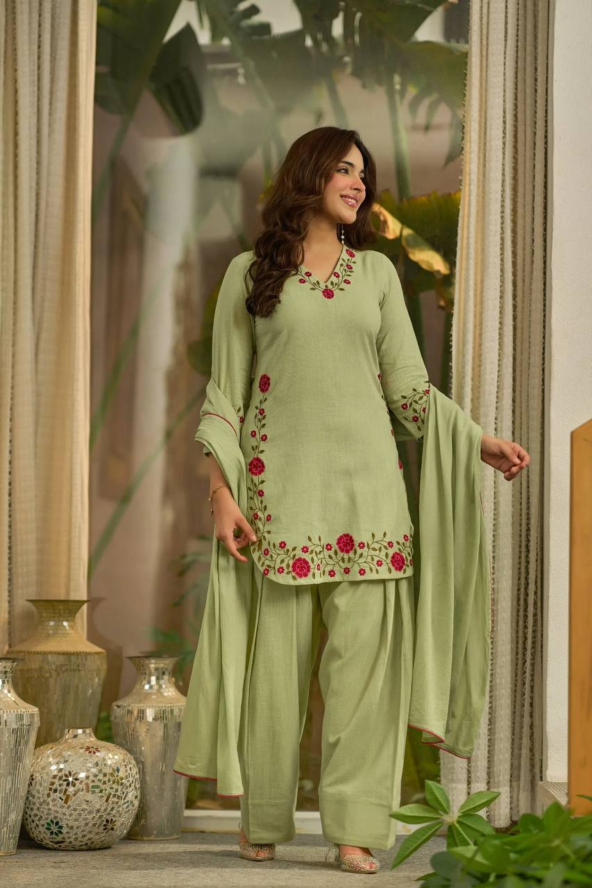 Meher Designer Mal Chanderi Cotton Multi Needle Embroidered Top With Farshi Salwar & Dupatta