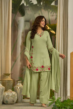 Meher Designer Mal Chanderi Cotton Multi Needle Embroidered Top With Farshi Salwar & Dupatta