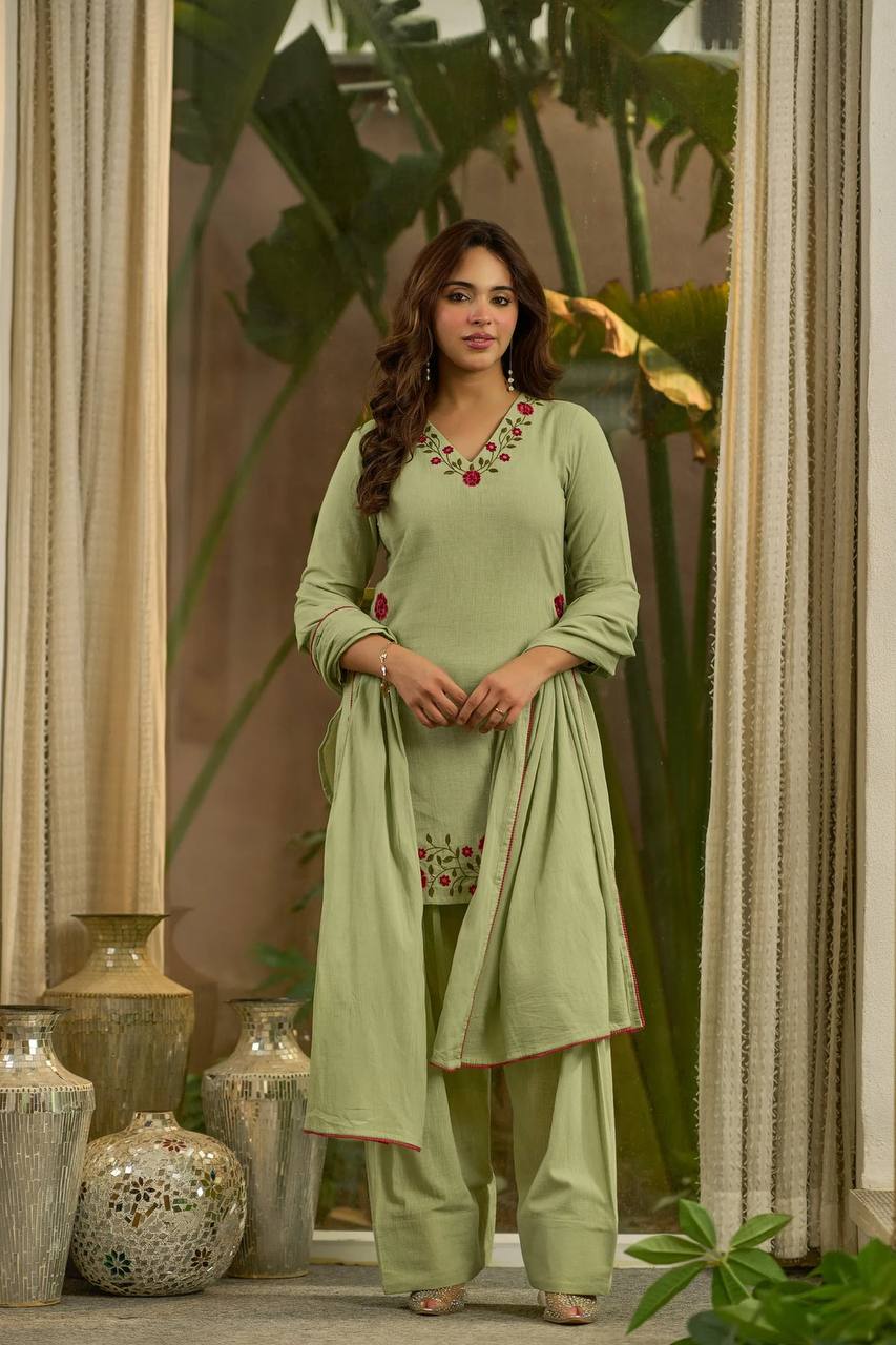 Meher Designer Mal Chanderi Cotton Multi Needle Embroidered Top With Farshi Salwar & Dupatta